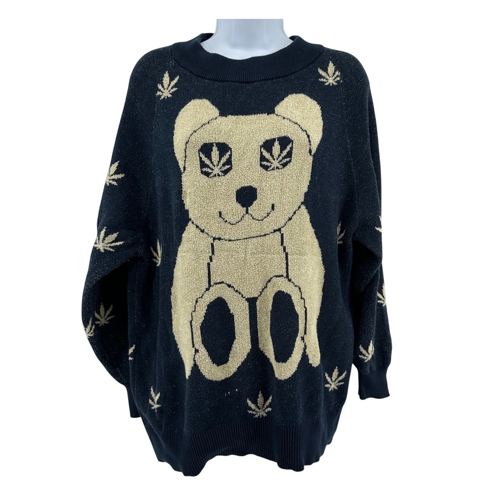 Urban Outfitters Graphic Bear Sweater Oversized Weed Grunge Indie Edgie Women XS